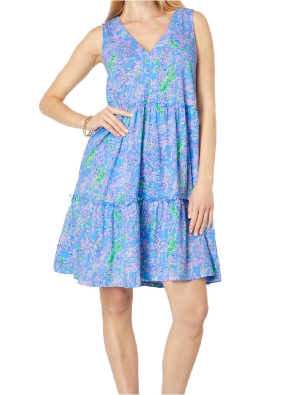 Lilly‎ Pulitzer Blue Tiered Sleeveless Knit Lorina Dress Tropical Print Size S